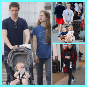 画像左部:俳優エディ・レッドメインが1歳くらいの子どもを乗せたベビーカーを押している画像。画像右上部:俳優エディ・レッドメインが金髪の幼児2人を乗せたベビーカーを押している画像。 画像右下部:俳優エディ・レッドメインが抱っこ紐で0才児くらいの赤ちゃんを前抱っこして歩いている画像