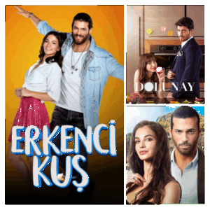 画像左部:トルコ人俳優ジャン・ヤマンが出演しているドラマ「Erkenci Kuş」のタイトル画像画像右上部:トルコ人俳優ジャン・ヤマンが出演しているドラマ「Dolunay」のタイトル画像 画像下部:トルコ人俳優ジャン・ヤマンが出演しているドラマ「ヴィオラシチリア島のミステリー」のタイトル画像