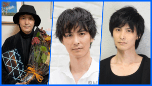 画像左部:「雨に消えた向日葵」クランクアップの花束を抱える俳優・中江翼の写真 画像中央部:所属するケイファクトリーの宣材写真の俳優・中江翼の顔写真 画像右部:アクターコーチとして活躍する俳優・中江翼の顔写真