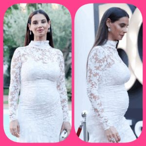 画像左部・右部:2025年6月のベネヴェント映画テレビ祭に白いドレスで登場した妊娠中のフランチェスカ・キッレーミ