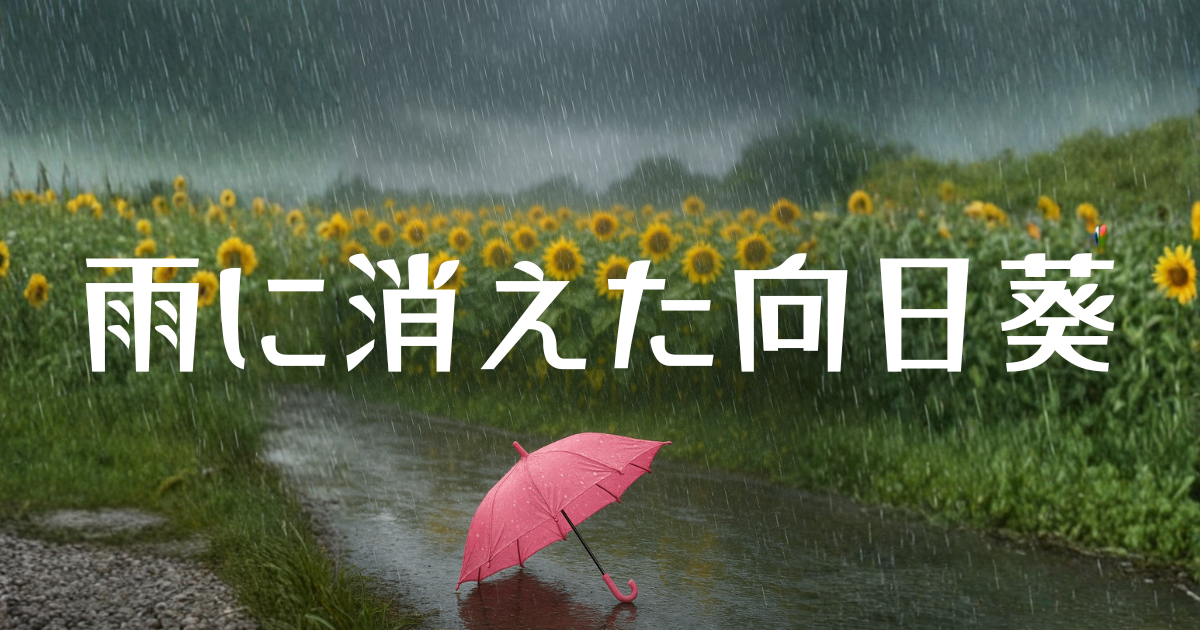 向日葵畑に雨が降っていてその手前の道路にピンク色の子供の傘が落ちている絵。