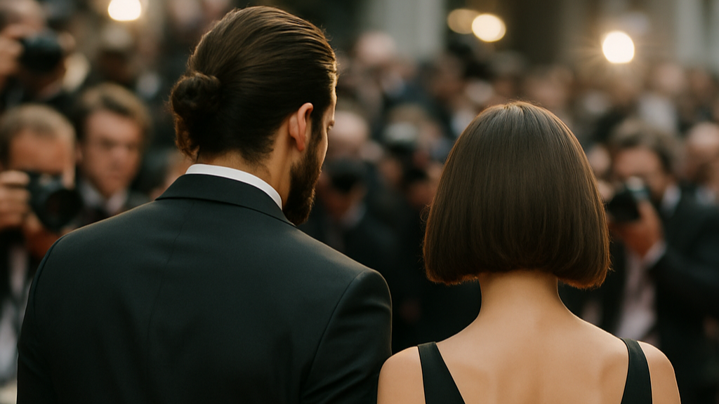 映画祭でカメラマンに囲まれながらレッドカーペットをあるく男女カップル