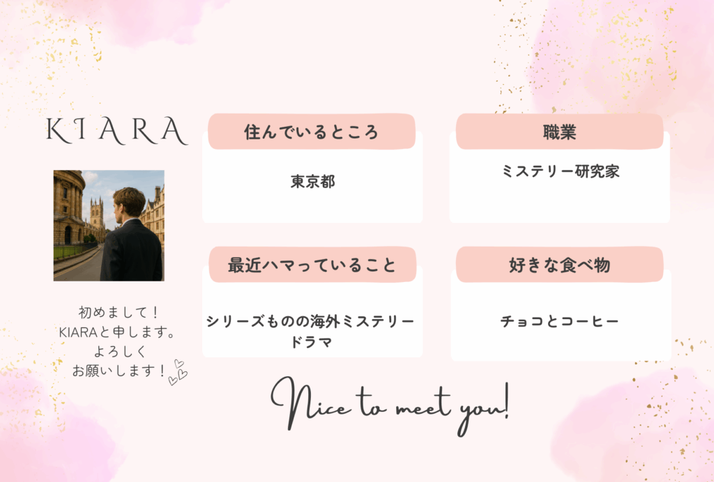 管理人(著者)のプロフィール説明画像。KIARA,東京都のミステリー研究家という情報が書いてあります。